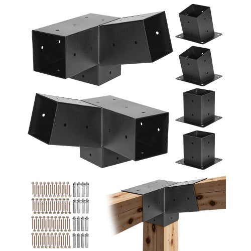 Pergola-kit, 4x4 tums 3-vägs sneda fästen för 92 x 92 mm träbalkar i verklig storlek, 2-pack pergolafästen med 2 stolpbaser och 2 väggmonterade baser, för utomhuspergolor, paviljonger, skjul