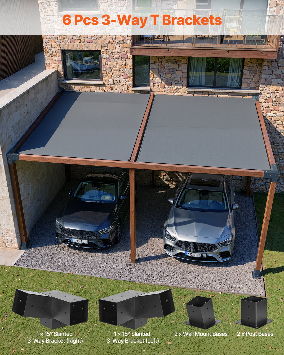 Pergola-kit, 4x4 tums 3-vägs sneda fästen för 92 x 92 mm träbalkar i verklig storlek, 2-pack pergolafästen med 2 stolpbaser och 2 väggmonterade baser, för utomhuspergolor, paviljonger, skjul