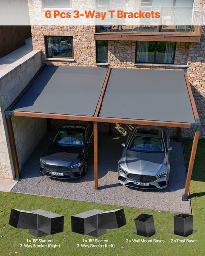 Pergola-kit, 4x4 tums 3-vägs sneda fästen för 92 x 92 mm träbalkar i verklig storlek, 2-pack pergolafästen med 2 stolpbaser och 2 väggmonterade baser, för utomhuspergolor, paviljonger, skjul