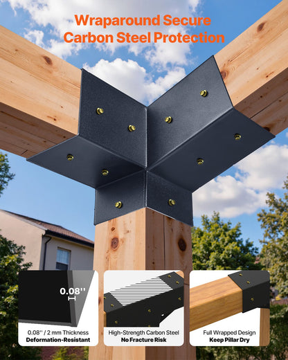 Pergola-kit, 4x4 tums 3-vägs sneda fästen för 92 x 92 mm träbalkar i verklig storlek, 2-pack pergolafästen med 2 stolpbaser och 2 väggmonterade baser, för utomhuspergolor, paviljonger, skjul