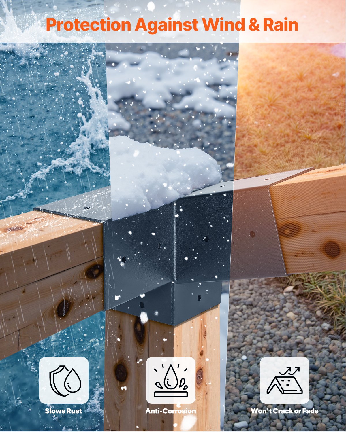 Pergola-kit, 4x4 tums 3-vägs sneda fästen för 92 x 92 mm träbalkar i verklig storlek, 2-pack pergolafästen med 2 stolpbaser och 2 väggmonterade baser, för utomhuspergolor, paviljonger, skjul