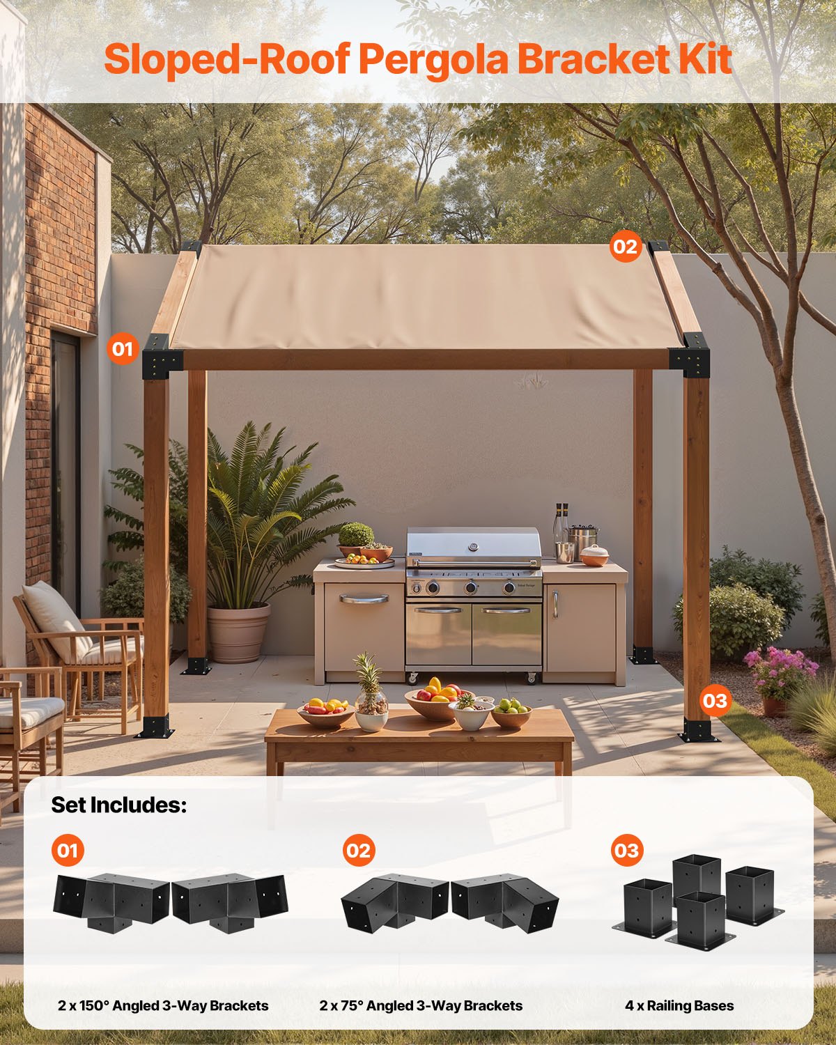 Pergola-kit, 4x4 tums 3-vägs snedställ för 92 x 92 mm träbalkar i verklig storlek, pergolafäste i kolstål med skruvar och stolpbaser, för utomhuspergolor i trä, paviljonger, skjul, 8 st