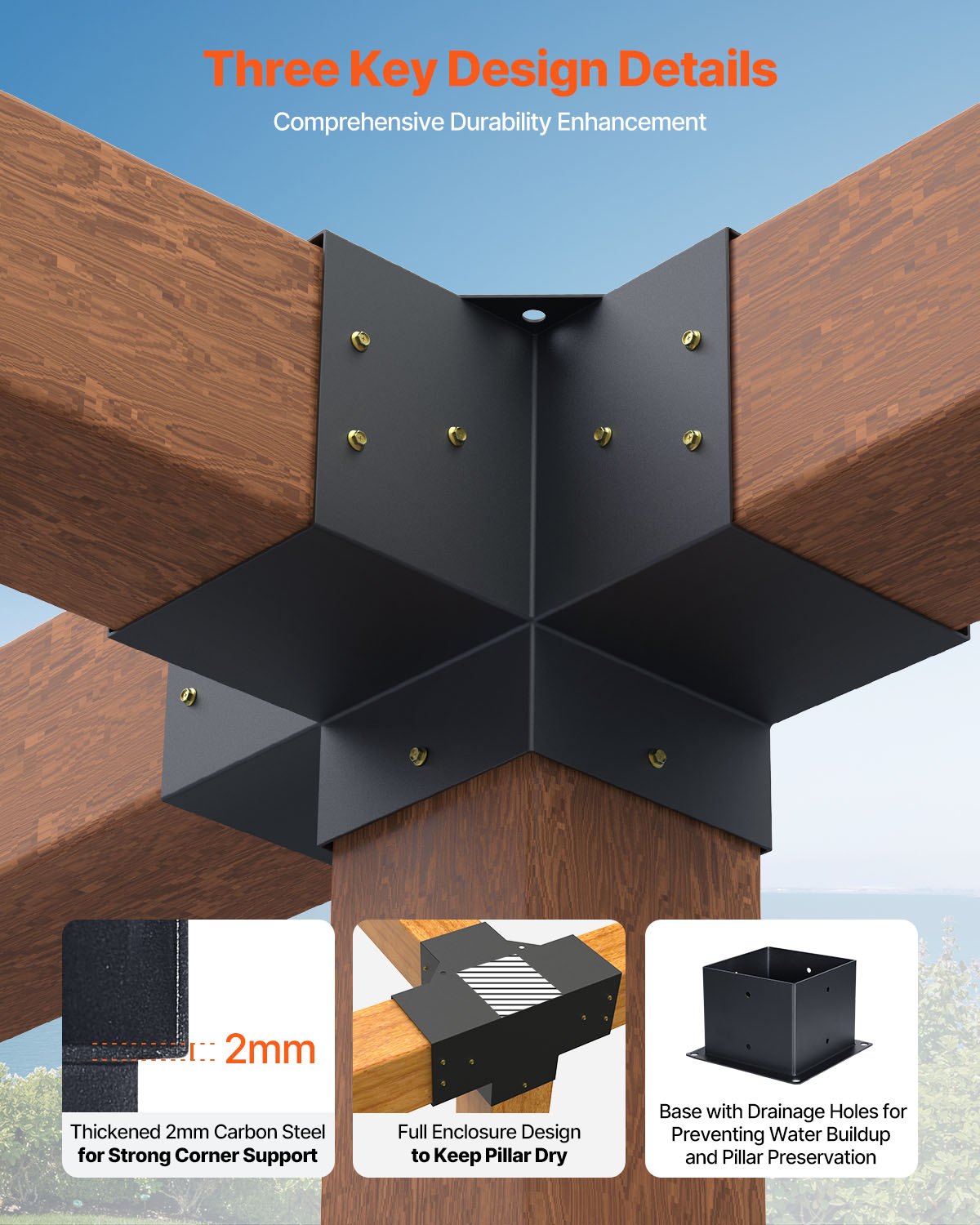 Pergolafästesats, 6x6 tum (innermått 142 x 142 mm), 2 st. 4-vägs kraftiga hörnfästen för träarbeten, gör-det-själv-stolpssats, enkel installation av träbjälkar för paviljonger, uteplatspergolor, timmerstuga