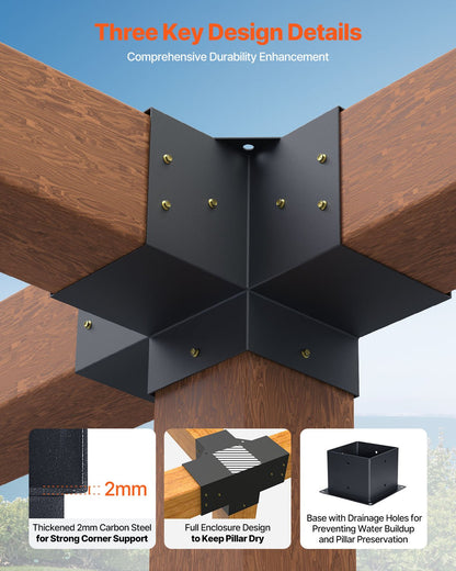 Pergolafästesats, 6x6 tum (innermått 142 x 142 mm), 2 st. 4-vägs kraftiga hörnfästen för träarbeten, gör-det-själv-stolpssats, enkel installation av träbjälkar för paviljonger, uteplatspergolor, timmerstuga