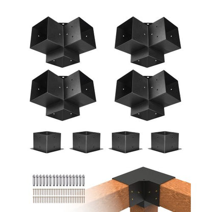 Pergolafästesats, 6x6 tum (innermått 142 x 142 mm), 4 st. 3-vägs kraftiga hörnfästen för träarbeten, gör-det-själv-stolpssats, enkel installation av träbjälkar för paviljonger, uteplatspergolor, timmerstuga