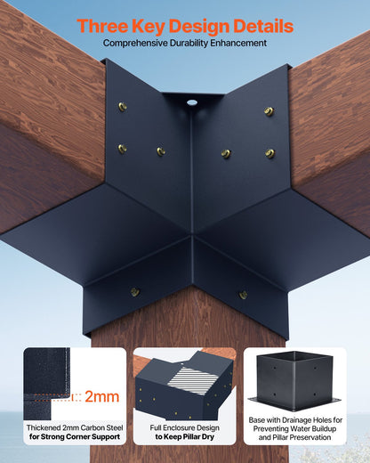 Pergolafästesats, 6x6 tum (innermått 142 x 142 mm), 4 st. 3-vägs kraftiga hörnfästen för träarbeten, gör-det-själv-stolpssats, enkel installation av träbjälkar för paviljonger, uteplatspergolor, timmerstuga