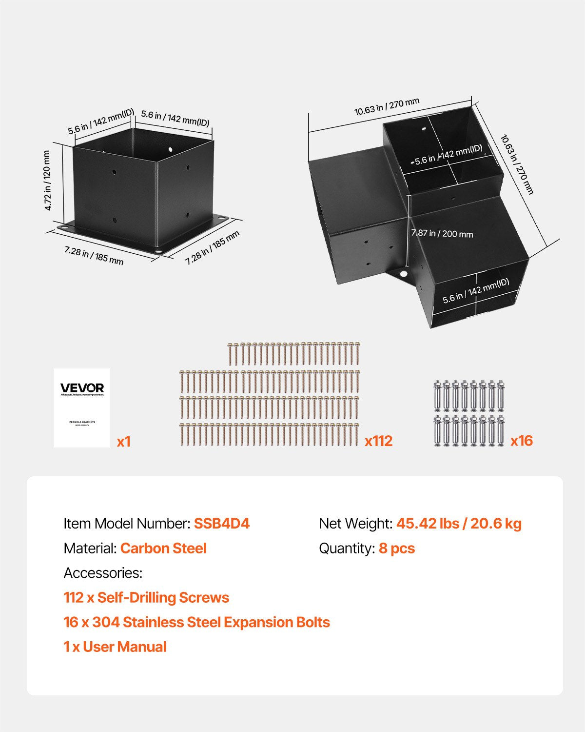 Pergolafästesats, 6x6 tum (innermått 142 x 142 mm), 4 st. 3-vägs kraftiga hörnfästen för träarbeten, gör-det-själv-stolpssats, enkel installation av träbjälkar för paviljonger, uteplatspergolor, timmerstuga