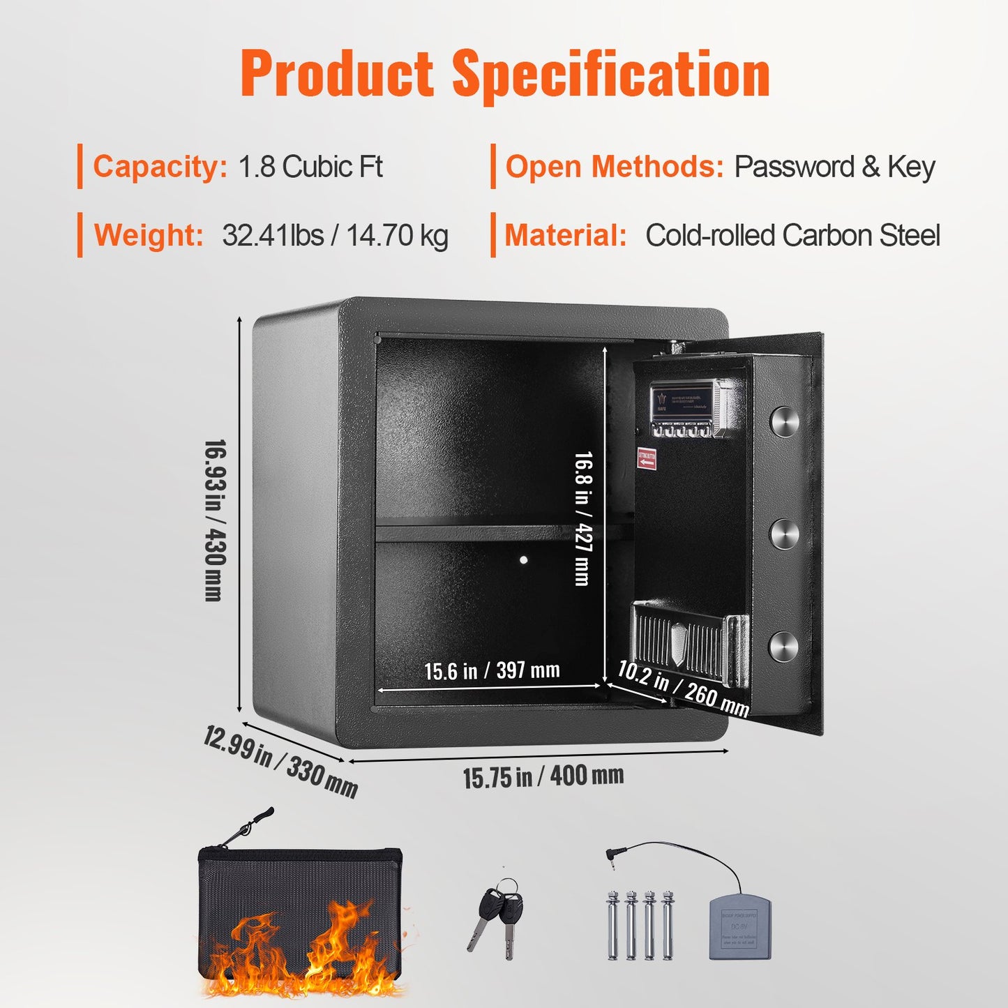 Kassaskåp, 51,0 L hemkassaskåp, stålsäkerhetsskåp med digital knappsats och 2 nycklar, skåpskåp med brandsäker väska, skyddar kontanter, guld, smycken, dokument för hemmet, hotell, 40,1 x 33,0 x 42,9 cm