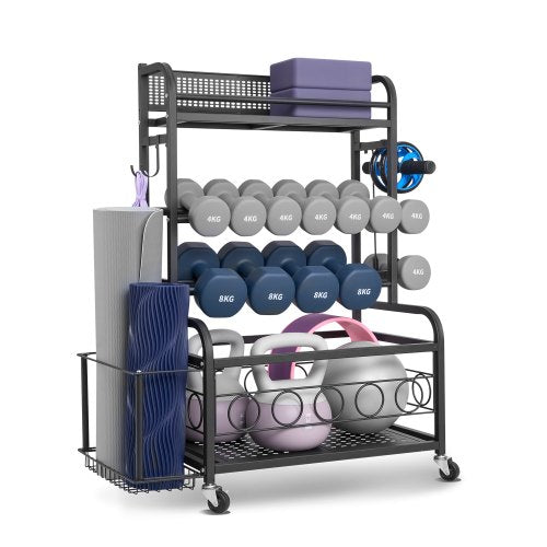 Förvaringsställ för yogamattor, organisatör för hemmagym, hållare för yogamattor i pulverlackerad stålfinish med krokar och hjul, viktställ för hantel, kettlebell, skumrulle och yogarem