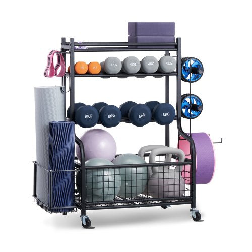 Förvaringsställ för yogamattor, pulverlackerad stålhållare för yogamattor, organisatör för hemmagym med krokar och hjul, viktställ för skumrulle, hantel, kettlebell och yogarem
