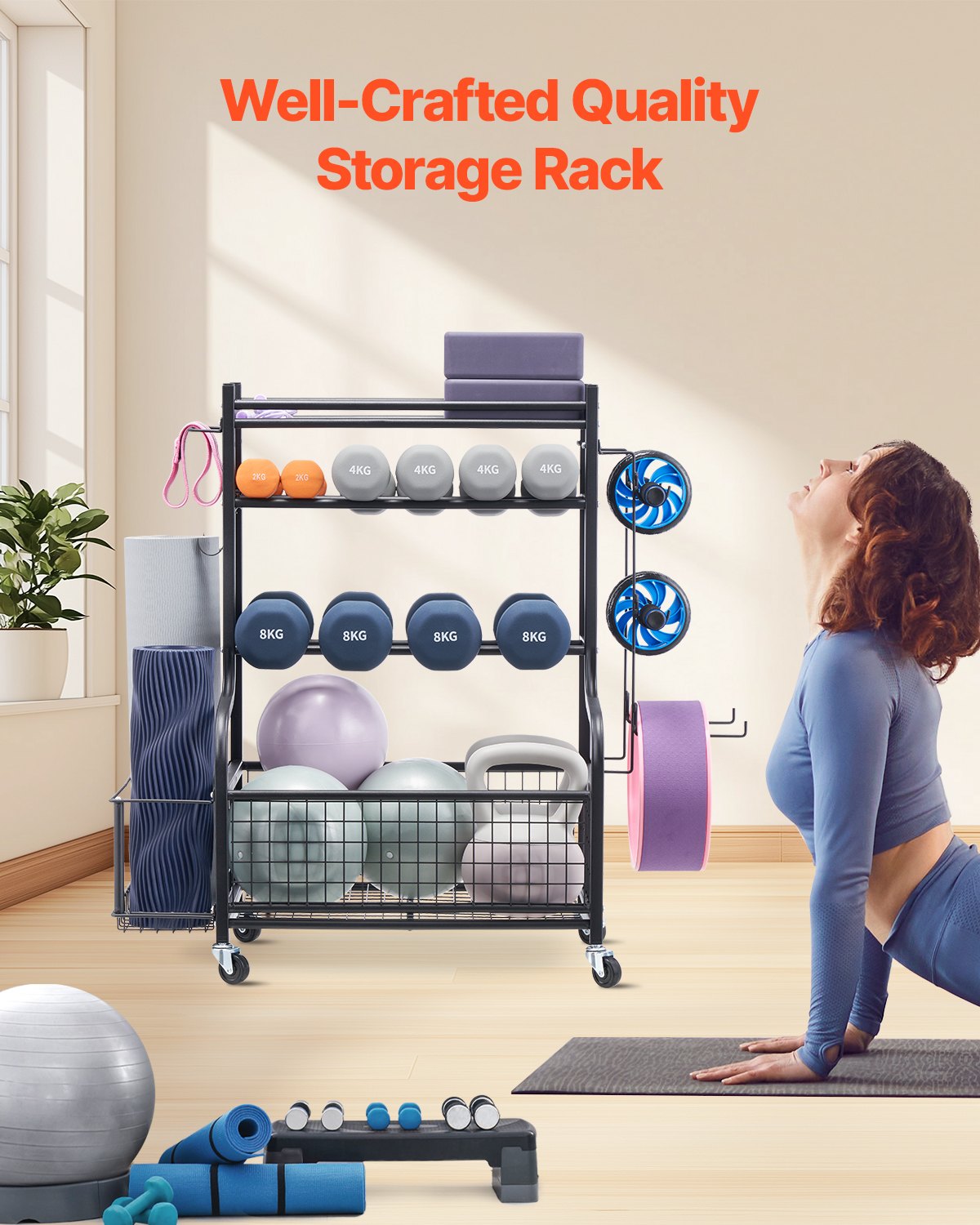 Yoga Mat Storage Rack, Powder Coated Finish Steel Yoga Mat Holder, Home Gym Workout Equipment Organizer with Hooks & Wheels, Weight Rack for Foam Roller, Dumbbell, Kettlebell, and Yoga Strap