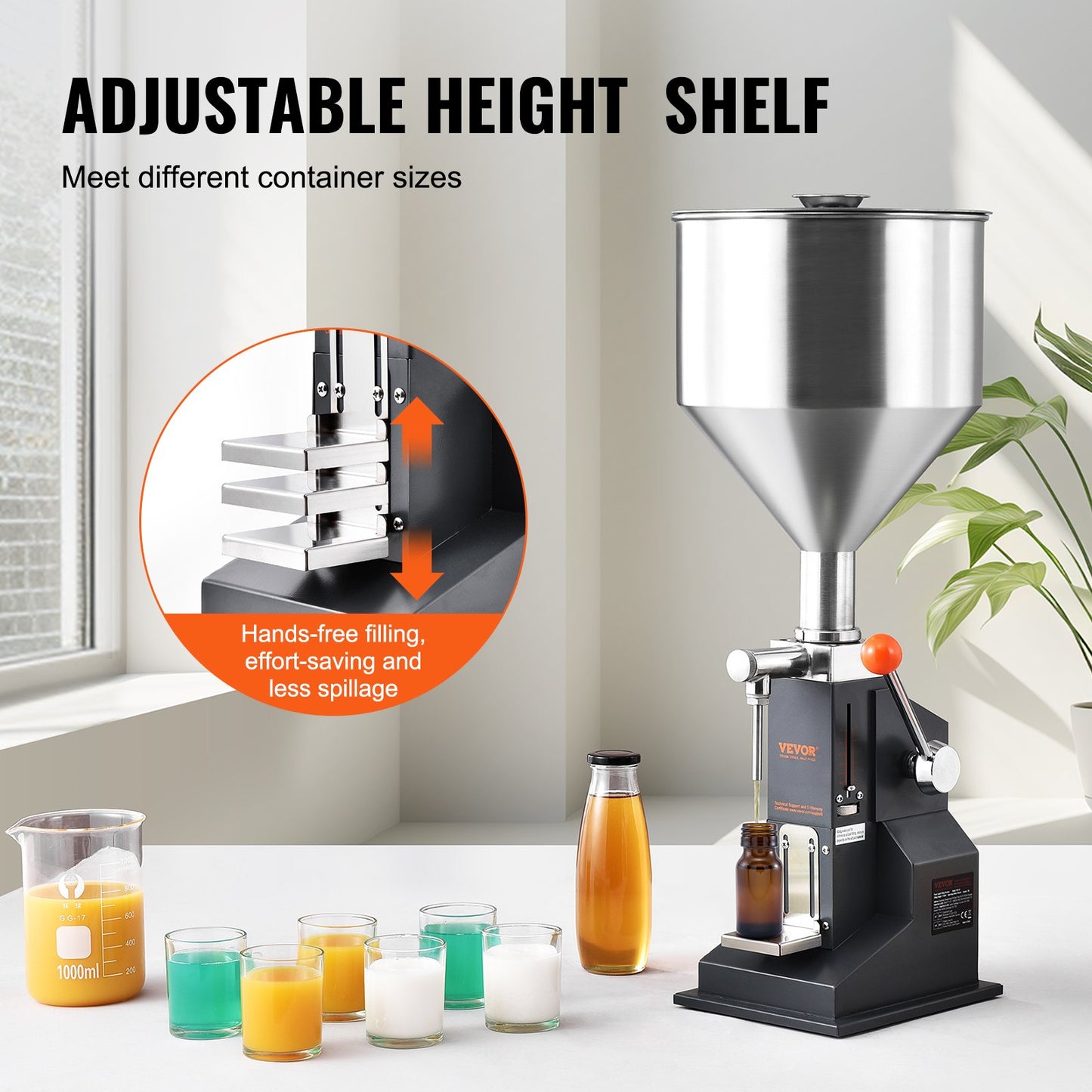 Manuell flytande fyllningsmaskin för pasta, 5-100 ml flaskfyllare, justerbar flaskfyllningsmaskin, flytande fyllmedel i rostfritt stål med behållare för mjölk, vatten, juice, eterisk olja, schampo, kosmetisk honung