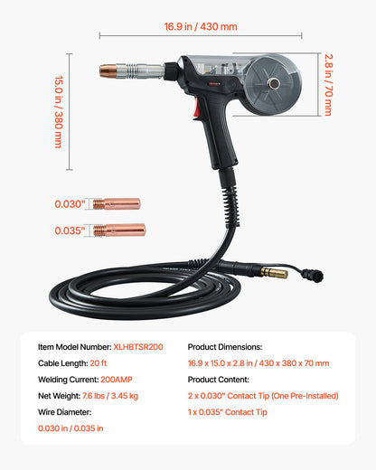 200A spolpistol med 6 meter kabel, kompatibel med Hobart IronMan 240 Mig-svetsar, lämplig för 0,030" och 0,035" flusstråd/solid/aluminiumsvetstråd