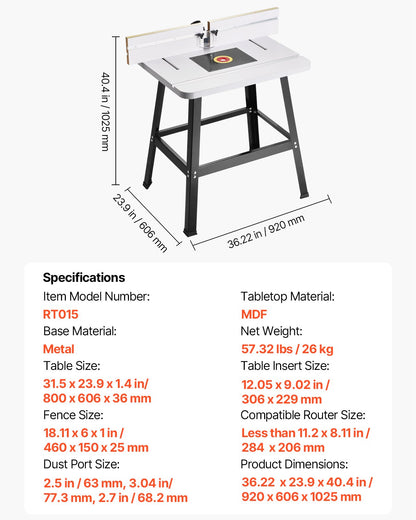 Precisionsfrässystem, 800 x 606 mm / 31,5 tum x 23,9 tum, tillbehörssats för fräsbord med justerbart anslag, MDF-topp, robust metallbas, dammuppsamlingsport, kompatibel med fräsar och olika borr