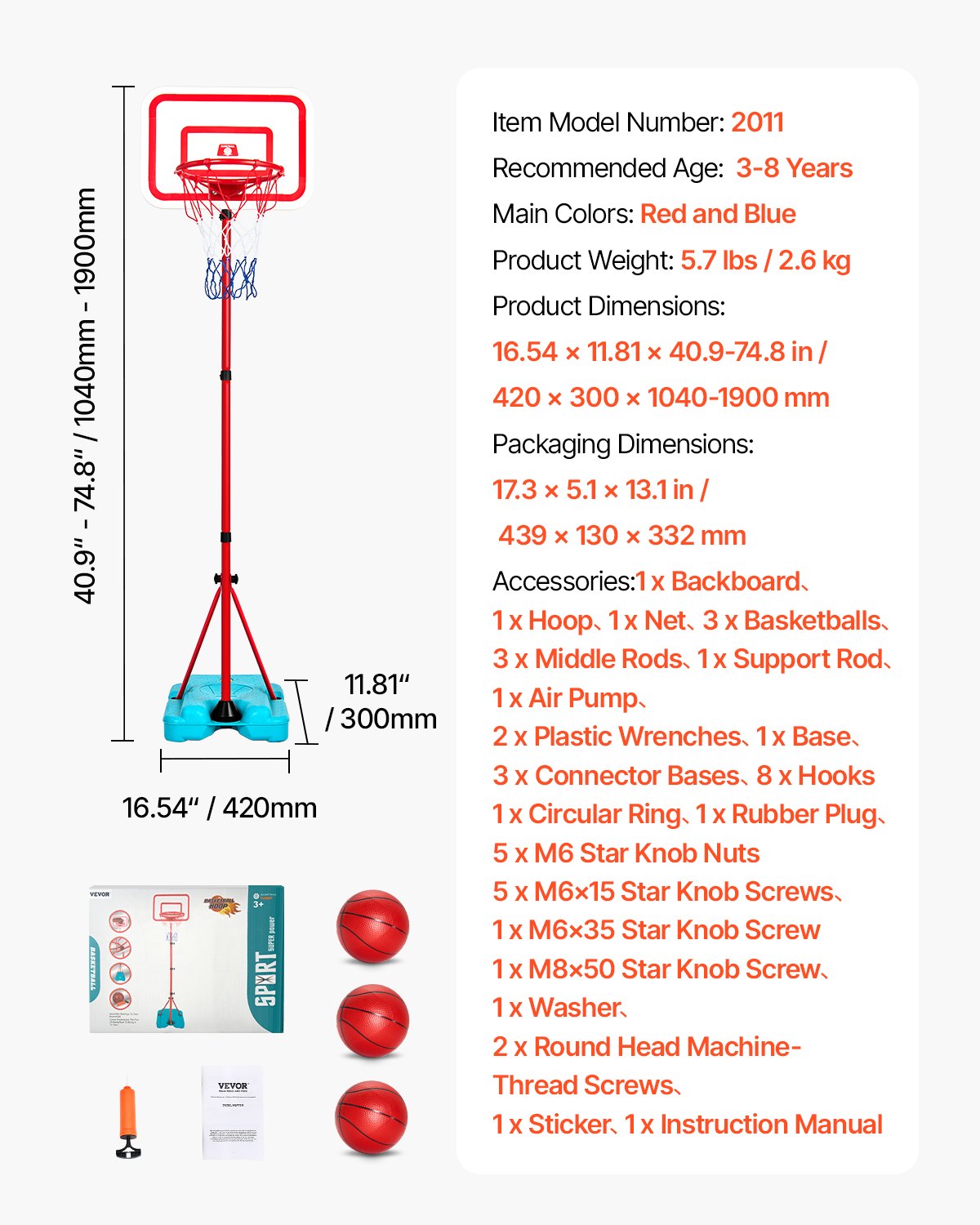 Barnbasketkorg, höjdjusterbar, bärbar basketplan med fyllbar bas, inomhus- och utomhussportspel för bakgården, basketleksaker för småbarn 3-8 år, pojkar och flickor