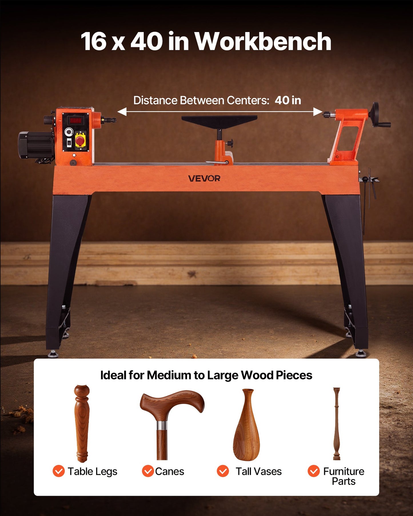 Träbearbetningssvarv, 1100W / 1,5 hk, träsvarv med variabel hastighet från 0 till 3200 varv/min, arbetsbänk 406 x 1020 mm, borstlös likströmsmotor, gjutjärnshus, verktygsstöd, för medelstora till stora träbearbetningsprojekt