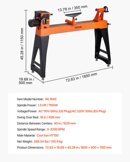 Träbearbetningssvarv, 1100W / 1,5 hk, träsvarv med variabel hastighet från 0 till 3200 varv/min, arbetsbänk 406 x 1020 mm, borstlös likströmsmotor, gjutjärnshus, verktygsstöd, för medelstora till stora träbearbetningsprojekt