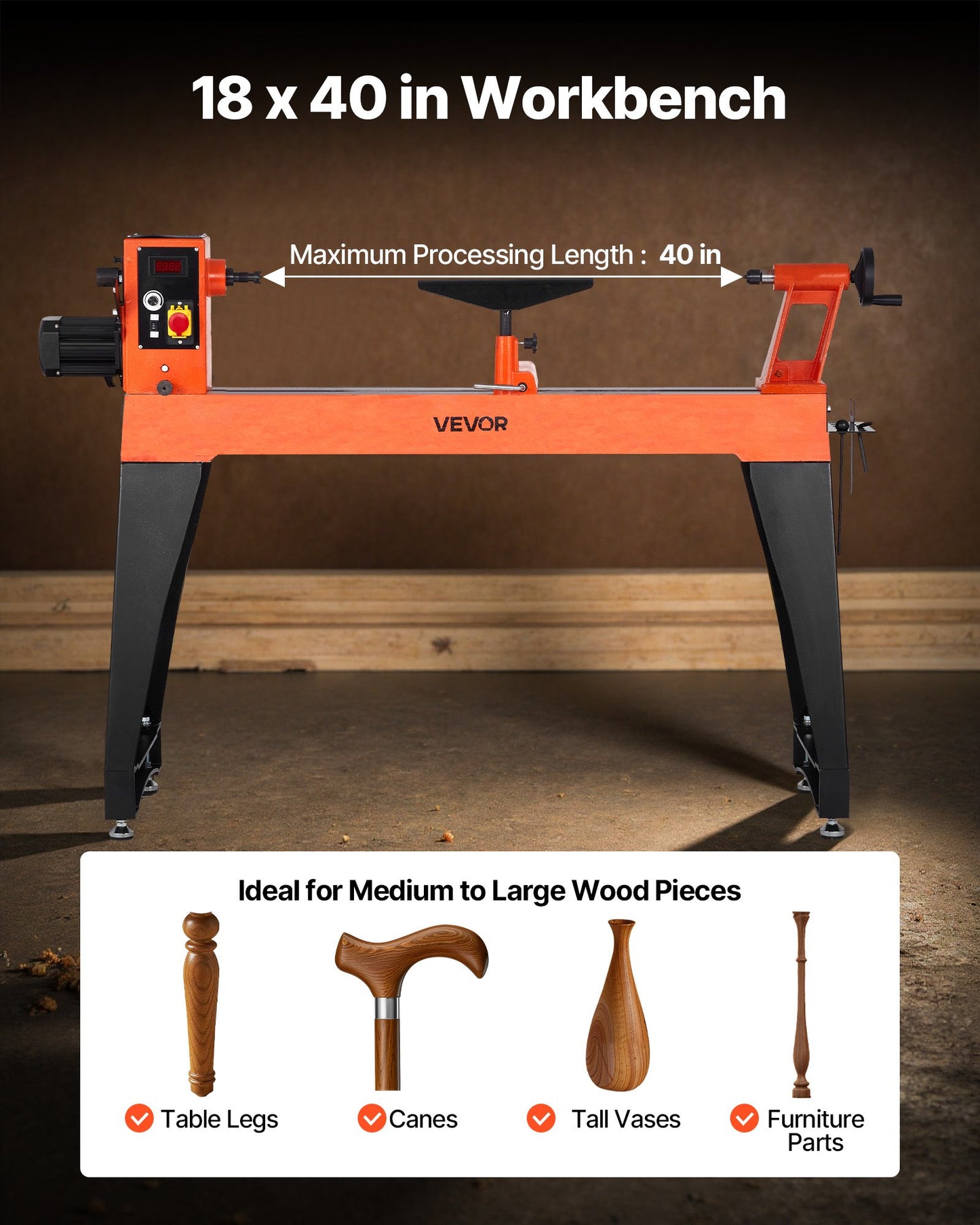 Träbearbetningssvarv, 1500W / 2 hk, träsvarv med variabel hastighet från 0 till 3200 varv/min, arbetsbänk 457 x 1020 mm, borstlös likströmsmotor, gjutjärnshus, verktygsstöd, för medelstora till stora träbearbetningsprojekt