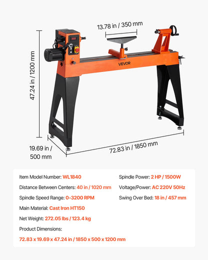 Träbearbetningssvarv, 1500W / 2 hk, träsvarv med variabel hastighet från 0 till 3200 varv/min, arbetsbänk 457 x 1020 mm, borstlös likströmsmotor, gjutjärnshus, verktygsstöd, för medelstora till stora träbearbetningsprojekt