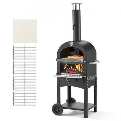 Utomhuspizzaugn, 12" pelletsugn, 2-lagers pizzaugn vedeldad, vedeldad utomhuspizzaugn med 2 avtagbara hjul, maxtemperatur 1000℉, pizzaugnar för grillning