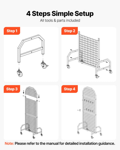 2-pack väggpaneler med rutnät, 600 x 1640 mm ställ för konstdisplayer med hjul och 20 krokar, svart rutnät i kolstål för hantverksutställning, dekoration, förvaring, anslagstavla
