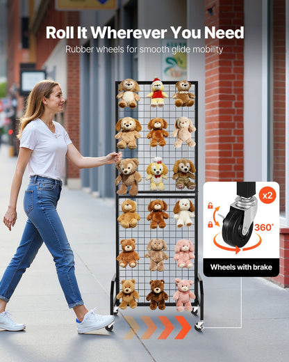 Väggpanel med rutnät, 600 x 1640 mm trådgallerpaneler, flyttbar konsthylla med hjul och 10 krokar, svart rutnät i kolstål för hantverksutställning, dekoration, förvaring, anslagstavla