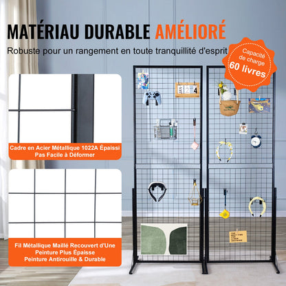 61 x 170,7 cm väggpaneler i torn, 2-pack väggmonterade displayställ med tråd och T-bas, golvstående, dubbelsidiga väggpaneler för konsthantverksmässor, butiksdisplay med extra klämmor och krokar