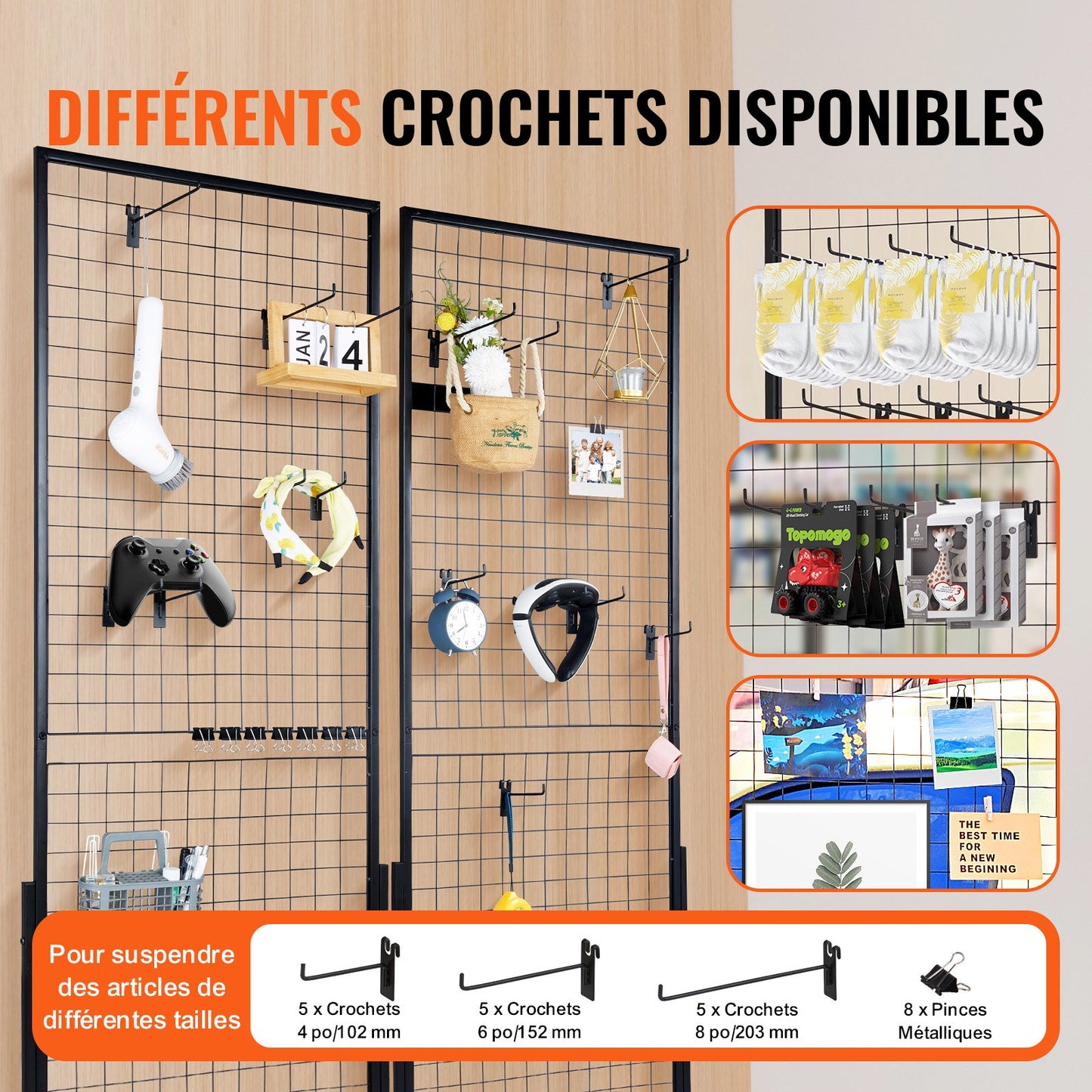 61 x 170,7 cm väggpaneler i torn, 2-pack väggmonterade displayställ med tråd och T-bas, golvstående, dubbelsidiga väggpaneler för konsthantverksmässor, butiksdisplay med extra klämmor och krokar