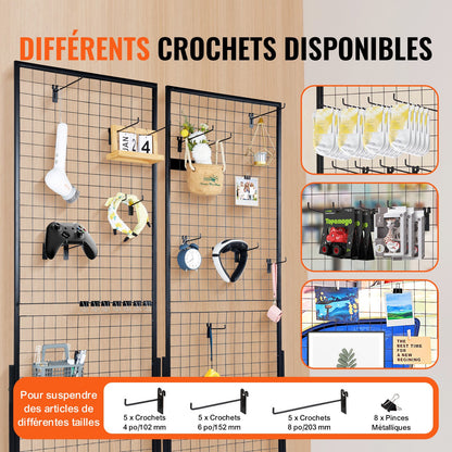 61 x 170,7 cm väggpaneler i torn, 2-pack väggmonterade displayställ med tråd och T-bas, golvstående, dubbelsidiga väggpaneler för konsthantverksmässor, butiksdisplay med extra klämmor och krokar