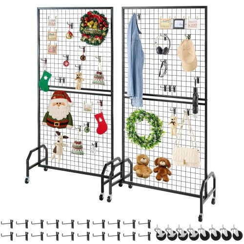 2-pack väggpaneler med rutnät, 898 x 1798 mm trådpaneler, displayställ, flyttbar konstdisplayhylla med hjul och 10 krokar, svart rutnät i kolstål för hantverksutställning, dekoration, förvaring, anslagstavla