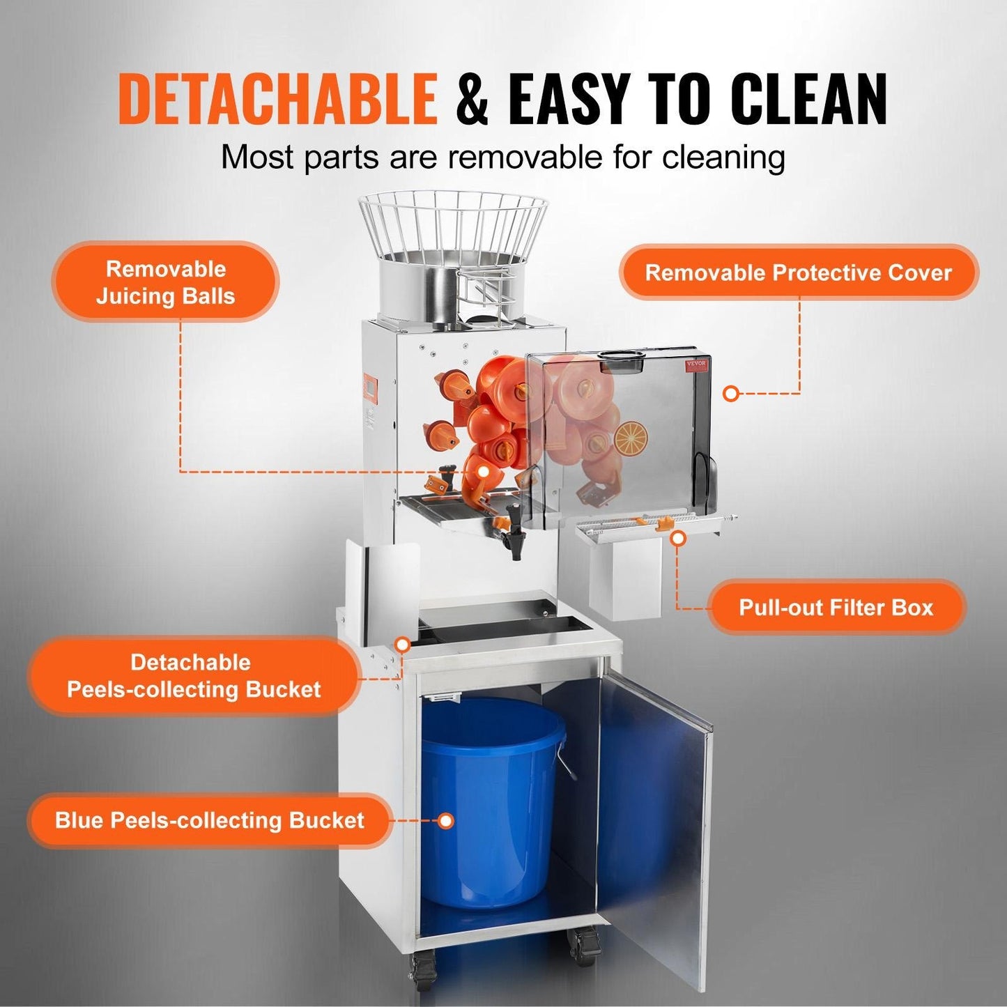 Kommersiell apelsinjuicer, 120W automatisk matningsjuicepress med vattenkran, juicepress i rostfritt stål, 25 apelsiner/minut, med utdragbar filterlåda, PC-lock, 3 hinkar för skaluppsamling