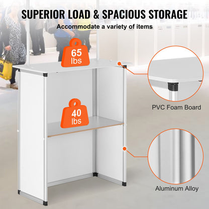Bärbart mässbord, 78,5 × 38 × 181,5 cm, displaymonter för utställning med vägg, hopfällbart barbord för reklam, popup-podium med förvaringsställ/bärväska