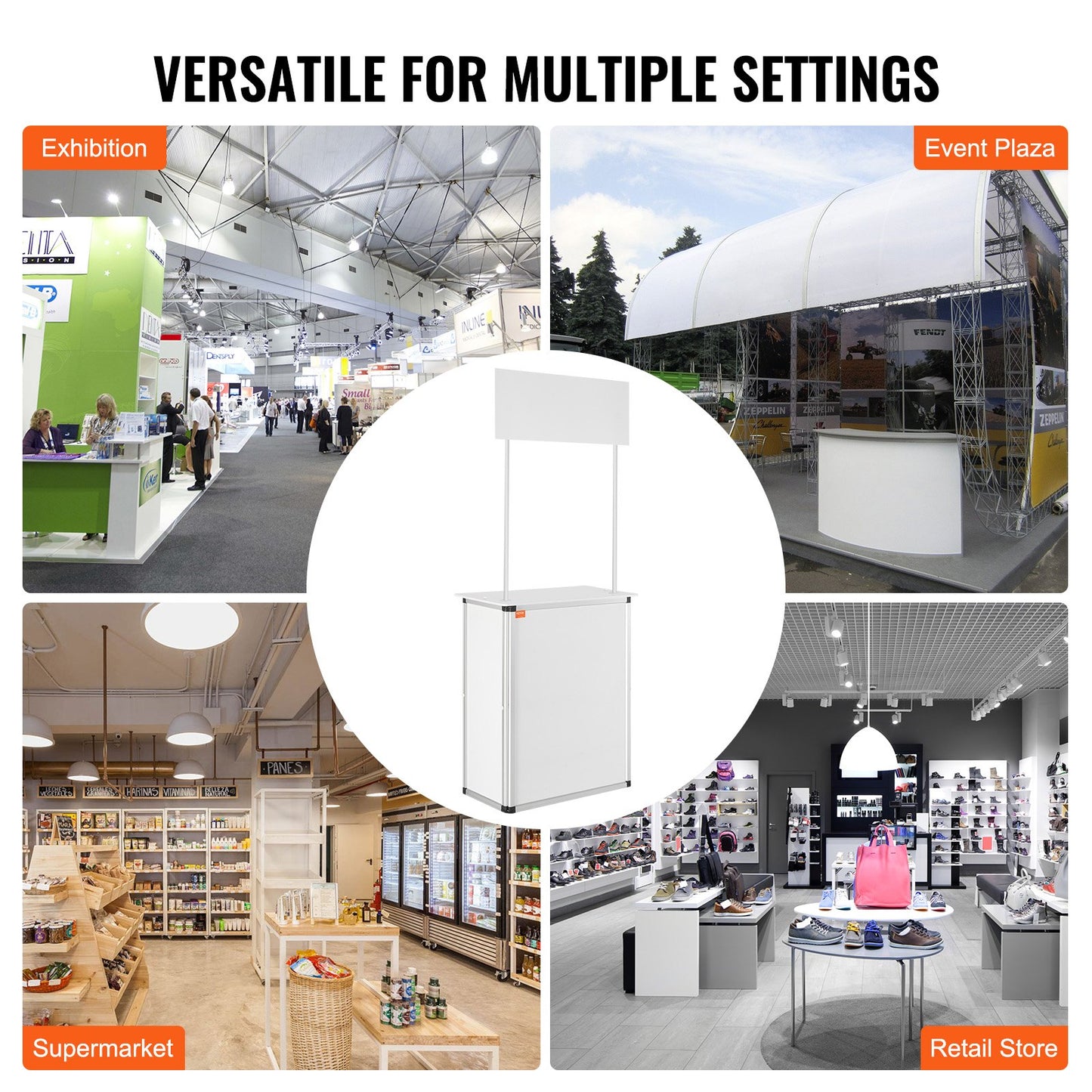 Bärbart mässbord, 78,5 × 38 × 181,5 cm, displaymonter för utställning med vägg, hopfällbart barbord för reklam, popup-podium med förvaringsställ/bärväska