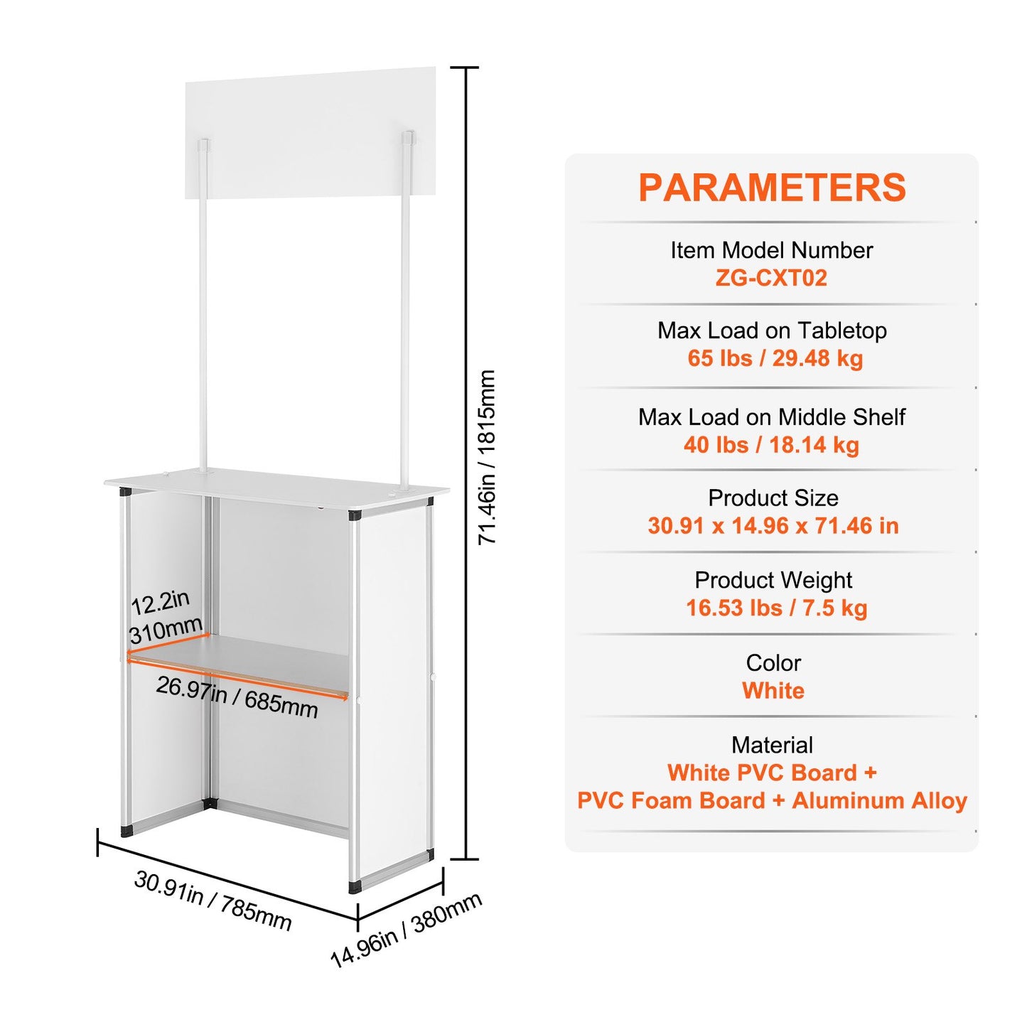 Bärbart mässbord, 78,5 × 38 × 181,5 cm, displaymonter för utställning med vägg, hopfällbart barbord för reklam, popup-podium med förvaringsställ/bärväska