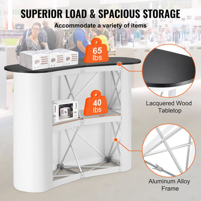 Bärbart mässbord, 130 × 46,5 × 95 cm, displaymonter för mässdisk med vägg, hopfällbart reklambord för detaljhandel, popup-podium med förvaringsställ, bärväska