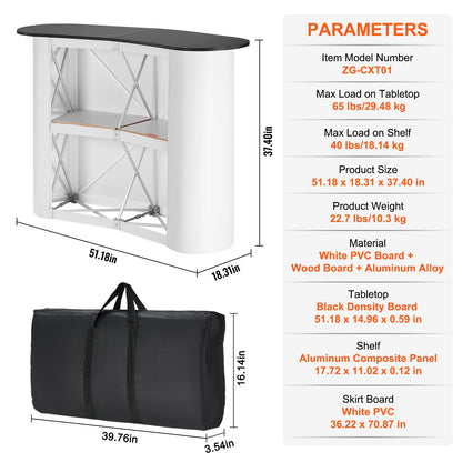 Bärbart mässbord, 130 × 46,5 × 95 cm, displaymonter för mässdisk med vägg, hopfällbart reklambord för detaljhandel, popup-podium med förvaringsställ, bärväska