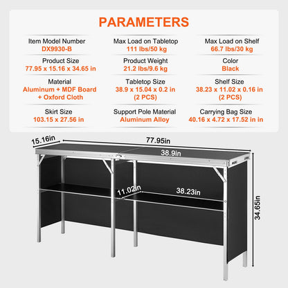 Bärbart mässbord, 1980 x 385 x 880 mm, displaymonter för mässdisk med vägg, hopfällbart reklambord för detaljhandeln, barbord med förvaringsställ och bärväska