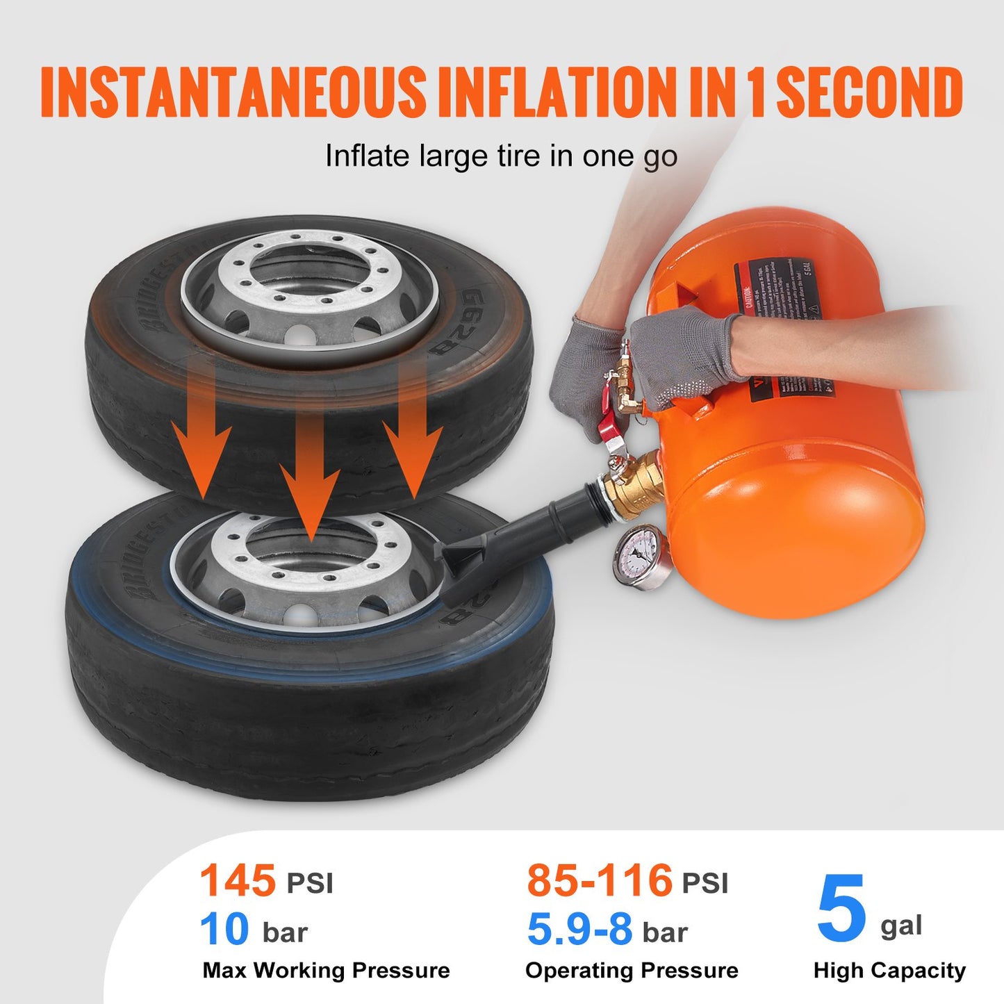 Däckpärlsprängare, 5 gallon/19 liter luftblästring med tryckmätare och handtag, 145 psi sätesverktyg för påfyllningstank, 85-116 psi driftstryck för bil, lastbil, fyrhjuling