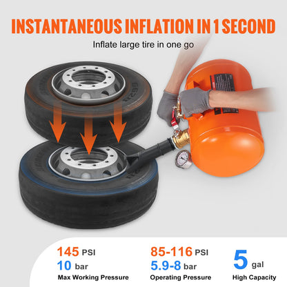 Däckpärlsprängare, 5 gallon/19 liter luftblästring med tryckmätare och handtag, 145 psi sätesverktyg för påfyllningstank, 85-116 psi driftstryck för bil, lastbil, fyrhjuling