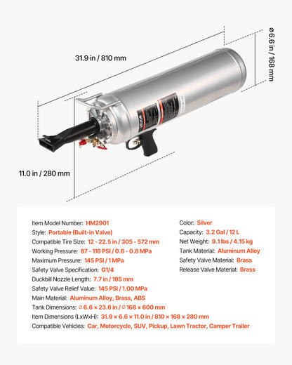 Portable Tire Bead Seater, 3.2 Gal / 12 L Air Bead Blaster, Handheld Tire Inflator Tool, 87-116 PSI Operating Pressure, Trigger Seating Inflator for Car, Compact SUV, Light Truck, E-Bike, RV, ATV
