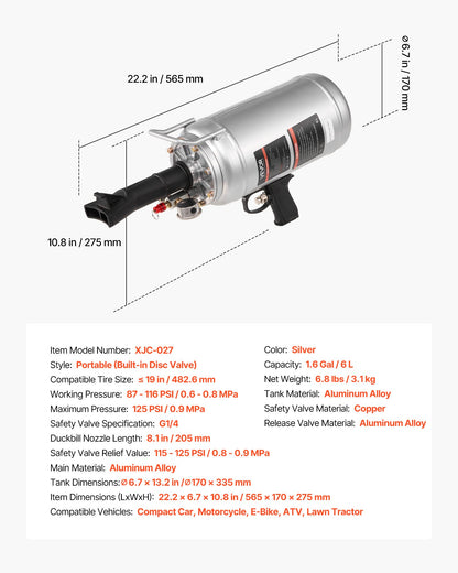 Bärbar däckpärlblåsare, 1,6 gallon / 6 l luftblåsare, handhållen däckpåfyllningsmaskin, 87-116 psi driftstryck, avtryckarmonterad däckpåfyllningsmaskin för bil, kompakt SUV, lätt lastbil, elcykel, husbil, fyrhjuling