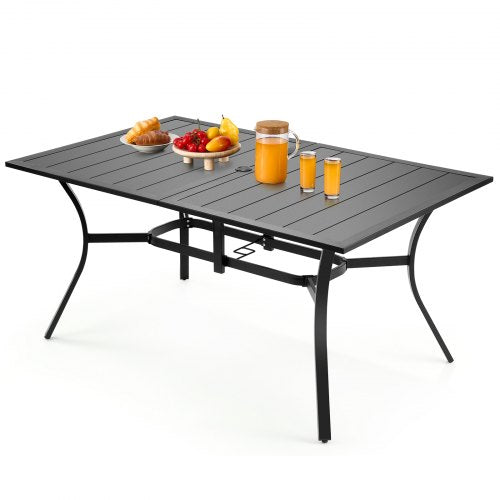 Matbord för utomhusbruk, 150 cm långt rektangulärt bistrobord i metall och stål för 4-6 personer, med 38 mm paraplyhål, stora vädertåliga möbler för gräsmatta/veranda, svart