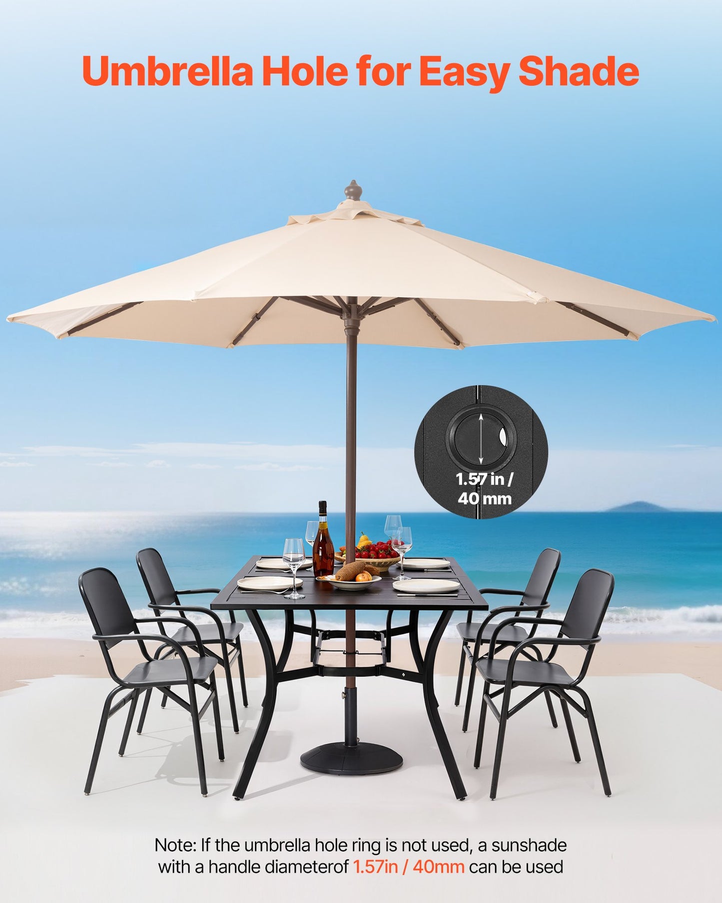Matbord för utomhusbruk, 150 cm långt rektangulärt bistrobord i metall och stål för 4-6 personer, med 38 mm paraplyhål, stora vädertåliga möbler för gräsmatta/veranda, svart