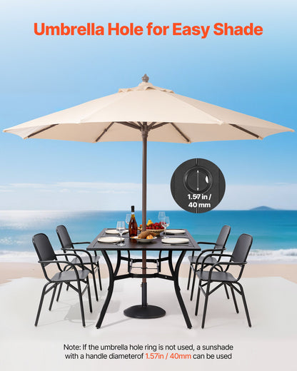 Matbord för utomhusbruk, 150 cm långt rektangulärt bistrobord i metall och stål för 4-6 personer, med 38 mm paraplyhål, stora vädertåliga möbler för gräsmatta/veranda, svart
