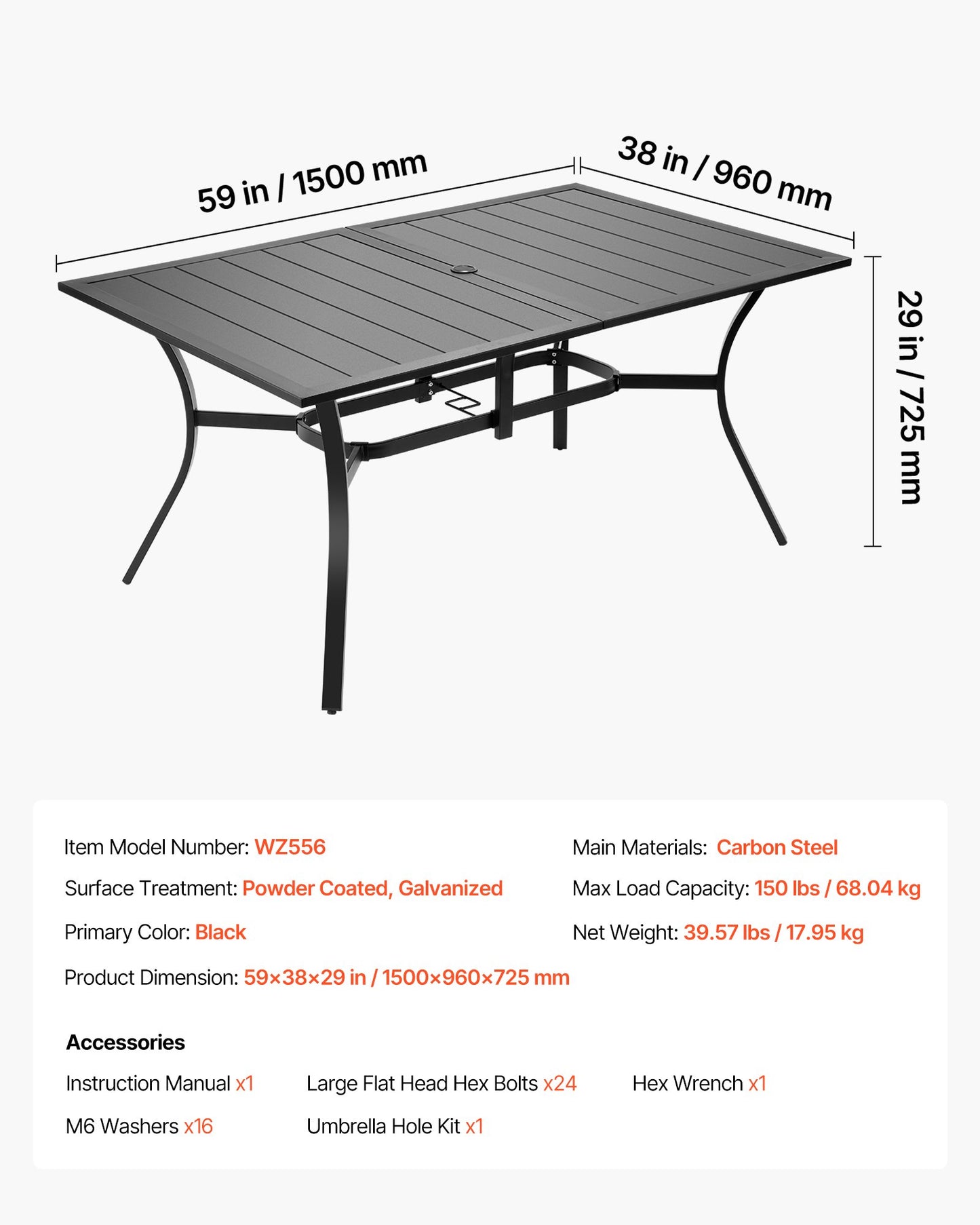 Matbord för utomhusbruk, 150 cm långt rektangulärt bistrobord i metall och stål för 4-6 personer, med 38 mm paraplyhål, stora vädertåliga möbler för gräsmatta/veranda, svart