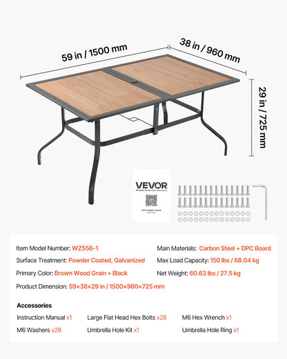 Matbord för utomhusbruk, 150 cm långt rektangulärt bistrobord i träliknande stål för 4-6 personer, med 38 mm paraplyhål, stora vädertåliga möbler för gräsmatta/veranda, brunt