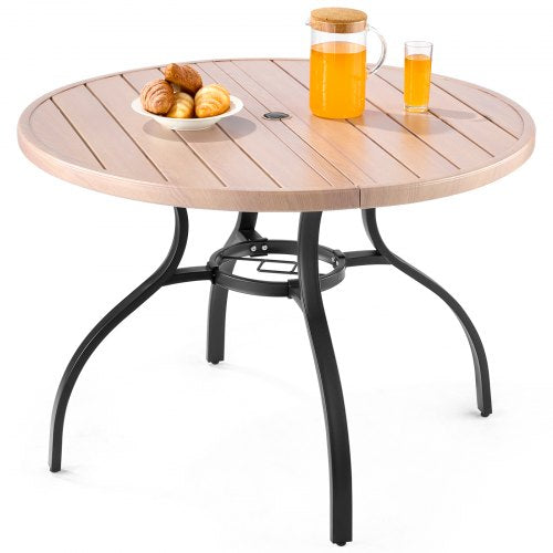 Matbord för utomhusbruk, 103 cm runt träliknande stålribbor för bistrosoffbord för 4 personer, med 38 mm paraplyhål, stora utomhusmöbler i alla väder för gräsmatta/veranda, grå