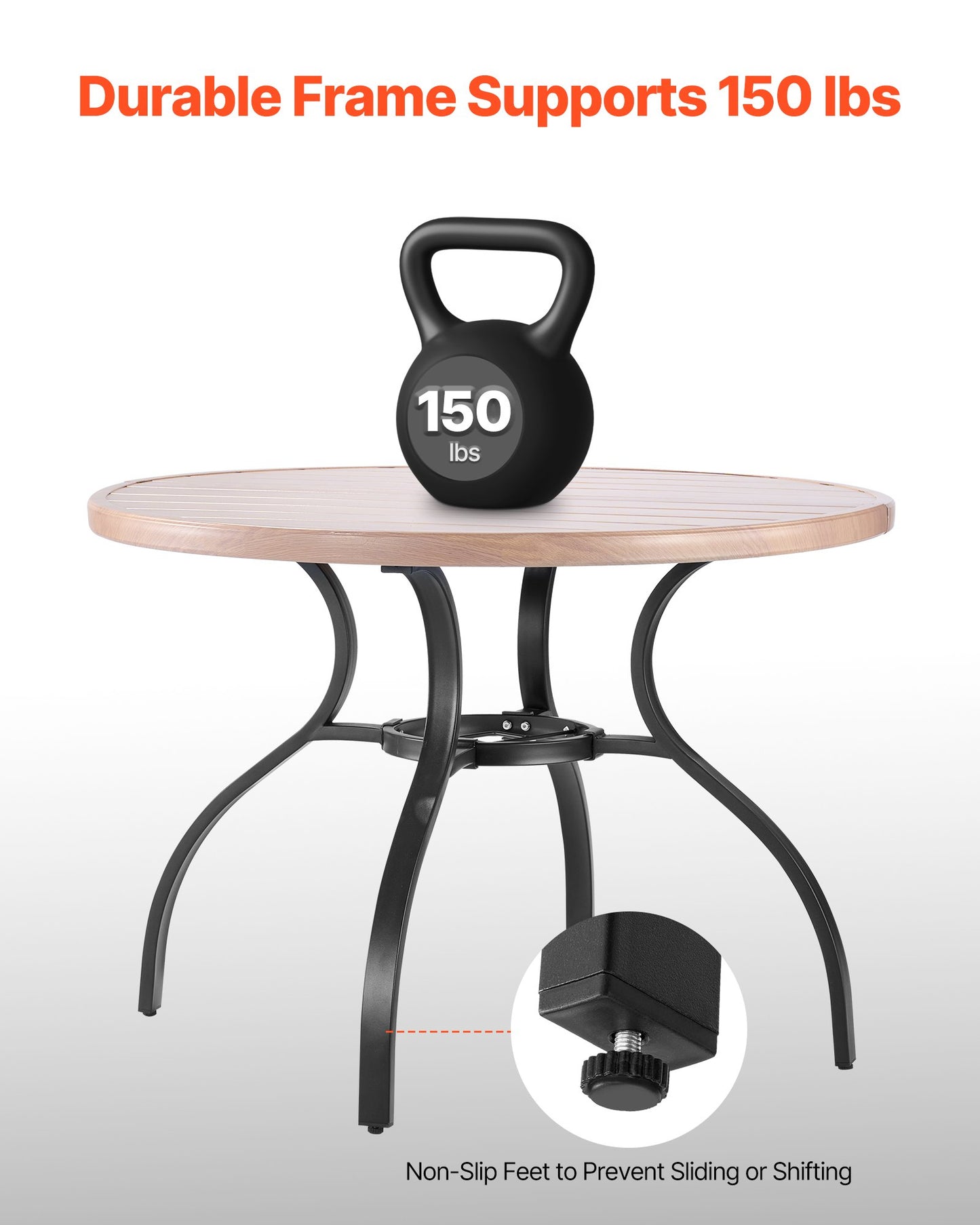 Matbord för utomhusbruk, 103 cm runt träliknande stålribbor för bistrosoffbord för 4 personer, med 38 mm paraplyhål, stora utomhusmöbler i alla väder för gräsmatta/veranda, grå