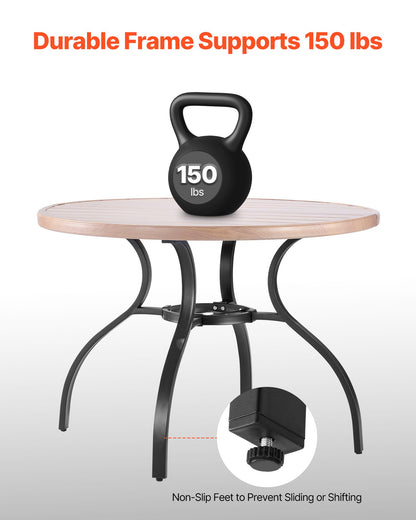 Matbord för utomhusbruk, 103 cm runt träliknande stålribbor för bistrosoffbord för 4 personer, med 38 mm paraplyhål, stora utomhusmöbler i alla väder för gräsmatta/veranda, grå