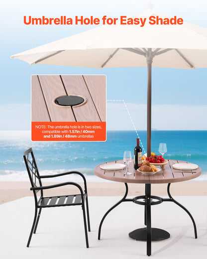 Matbord för utomhusbruk, 103 cm runt träliknande stålribbor för bistrosoffbord för 4 personer, med 38 mm paraplyhål, stora utomhusmöbler i alla väder för gräsmatta/veranda, grå
